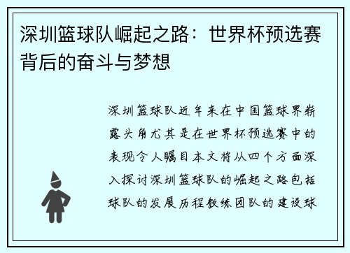 深圳篮球队崛起之路：世界杯预选赛背后的奋斗与梦想